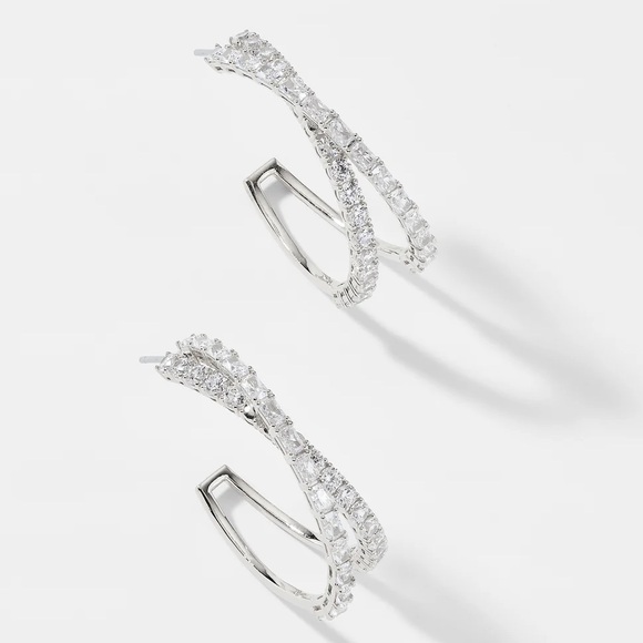 Nadri Isle Cubic Zirconia Crossed Hoop Earrings RHODIUM NWT - Picture 2 of 12